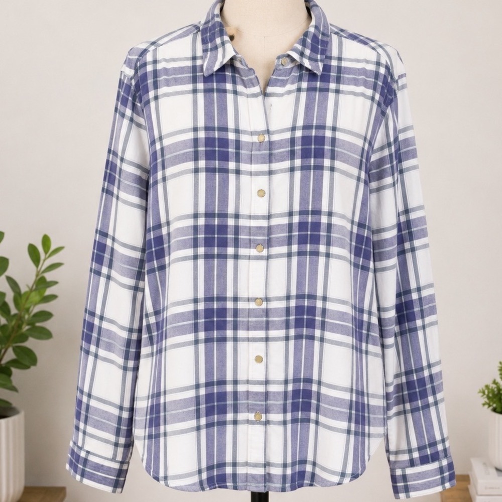 Jachs Girlfriend Womens XL Blue White Plaid Button Down Shirt Long Sleeve Rayon